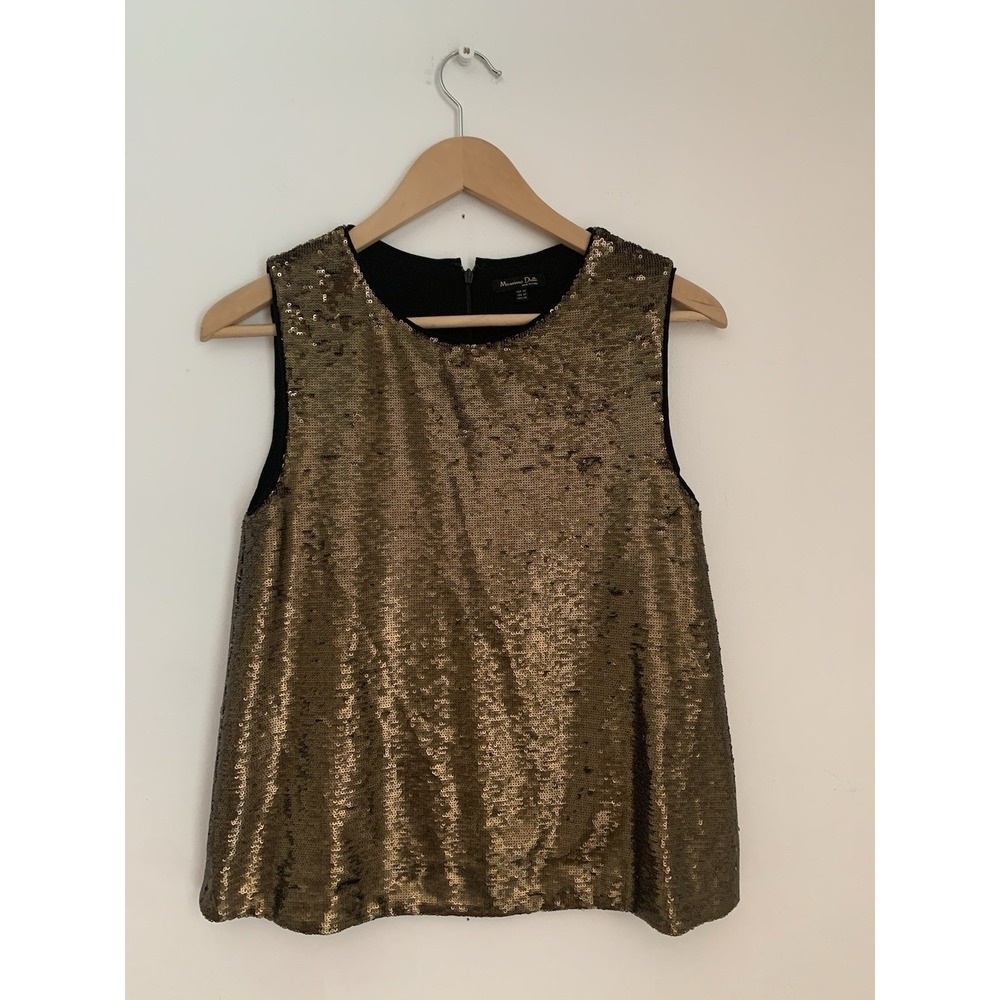 MASSIMO DUTTI Gold Bronze Sequin Sleeveless Lined Tank Top Size XS Party Glitter
